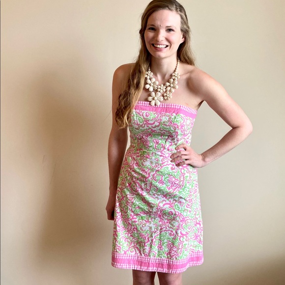 Lilly Pulitzer pink &green printed strapless dress - Picture 2 of 12